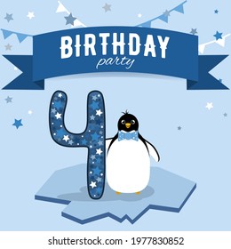 Four birthday party invitation. Postcard with boy penguin in blue colors.