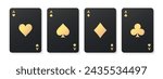 Four black aces playing card suits set. Golden hearts, spades, diamonds, clubs cards sign. A winning poker hand. Casino gambling concept. Vector illustration