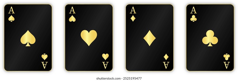 Cuatro ases negros jugando palos de cartas. Corazones de oro, picas, diamantes, clubes de tarjetas de signo. Una mano de póquer ganadora. Poker, concepto de juego. Cuatro cartas de póquer negro con palo de oro. palos de cartas de oro ases.