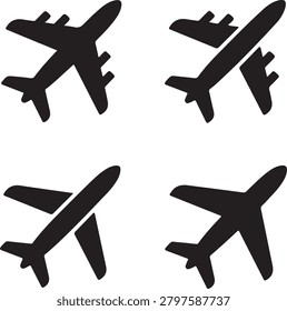 Four black airplane in different flight angles isolated on a clean white background, for travel des