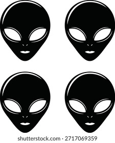 Four Black Alien Faces With Large Eyes And Smiles extraterrestrial