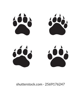 Four black animal paw prints on white background. Simple, stylized black animal paw prints arranged in a grid on a plain white background.