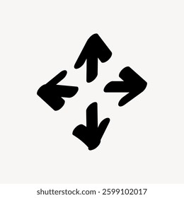 Four black arrows pointing in different directions, forming a cross shape. Arrows pointing up, down, left, and right. Black arrows on a white background. Doodle illustration vector.