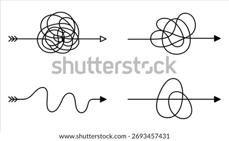 Four black arrows with tangled and wavy paths on white background line