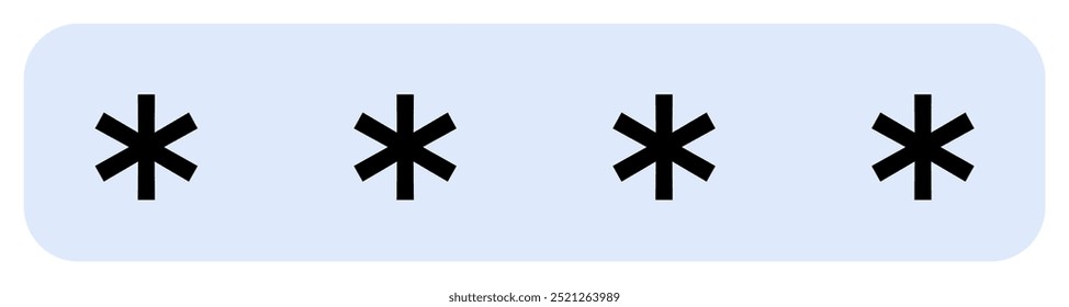 Four black asterisks are evenly spaced inside a rounded blue rectangle. Ideal for digital security, password representation, login interfaces, data protection, cryptographic themes. Simple and modern