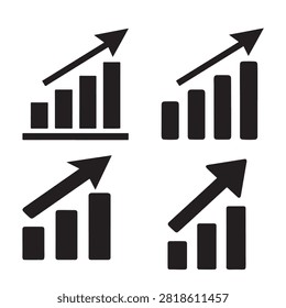 Four black bar graph icons with upward arrows on white background business growth and statistics symbols