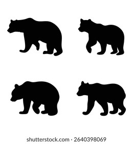 Four black bear silhouettes in different poses, isolated on a white background, showcasing various stances and movement.