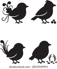 Four black bird silhouettes featuring songbirds with ornate tails and foraging behavior on a solid white background