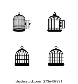 Four Black Birdcages with Open and Closed Doors wire