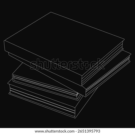 Four black books stacked neatly on a dark background, with the top book slightly tilted for visual interest. The stark contrast between the white pages and black covers creates a striking minimalist.