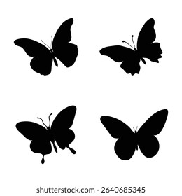 Four black butterfly silhouettes on a white background. Vector illustration of insect shapes for design elements and creative projects.