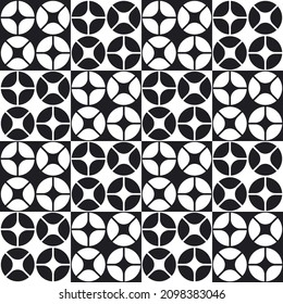 Four black buttons inside a white square of a tile and vice versa. Checkered decor pattern in vector.