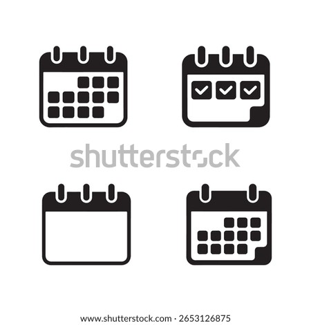 Four black calendar icons with different date display on white background design. These icons represent schedule, appointment, organization, and time management tools.