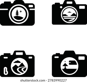 Four black camera with circular landscape scenes inside lens nature travel silhouette