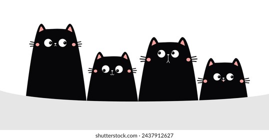 Vier schwarze Katzen-Familie-Set. Kätzchen guckt nach oben. Nette kawaii Cartoon lustiges Buch gespenstische Haustier Baby Charakter Linie Banner. Alles Gute zum Valentinstag, Halloween. Flaches Design. Weißer Hintergrund. Vektor