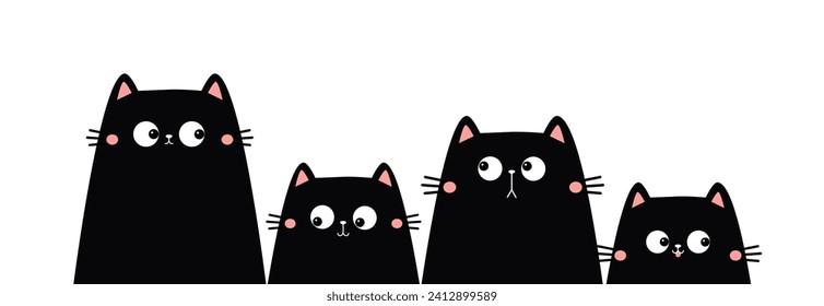 Cuatro gatos negros. La familia de los gatitos de búsqueda mirando hacia arriba. Ojos, dientes, lengua. Cute caricatura kawaii divertido libro espeluznante carteles de la línea de personajes de mascota. Feliz Día de San Valentín. Diseño plano. Fondo blanco. Vector