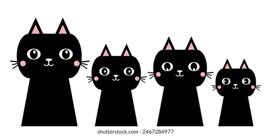 Four black cat set. Peeking kitten family looking up. Eyes, teeth, tongue. Cute cartoon kawaii funny boo spooky pet character line banner. Happy Valentines day. Flat design. White background.