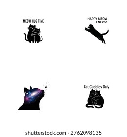 Four black cat silhouettes with text captions on white background cats