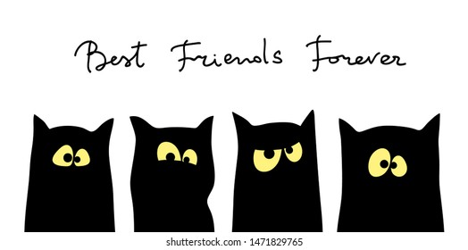 Four black cats silhouettes with different tempers. Friendship concept. Best friend forever. Vector illustration