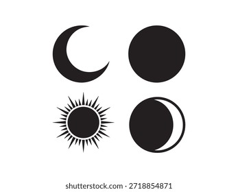Cuatro cuerpos celestes negros sol creciente luna llena fases luna creciente luna nueva