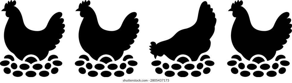Four black chicken silhouettes standing on pebbles on white background