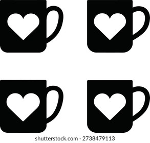 Four black coffee mugs with white hearts on a white background.