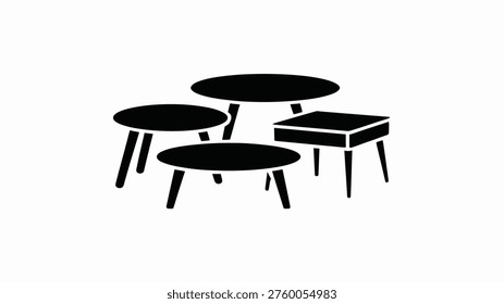 Four black coffee tables and one ottoman arranged together on white background simple minimalist furniture set