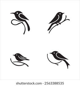 four black color bird silhouettes sitting on branches with vector eps illustration on a white background high-quality fully editable file