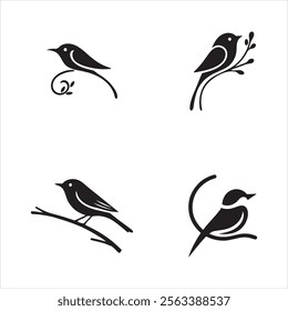 four black color bird silhouettes sitting on branches with vector eps illustration on a white background high-quality fully editable file