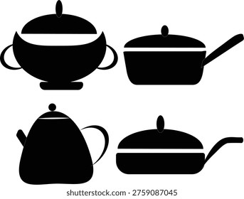 Four black cookware items including a saucepan frying pan teapot and skillet isolated on transparent background