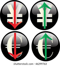 four black currency button illustrating increase and decrease