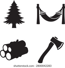 Four black depicting forest and camping themes featuring a pine tree, a hanging hammock, a stack of wooden logs, and a sharp metal hand axe