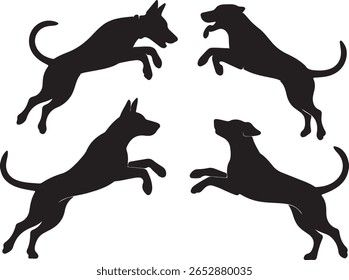 Four black dog silhouettes are shown leaping dynamically against a white background Each silhouette is distinct showcasing different jumping poses