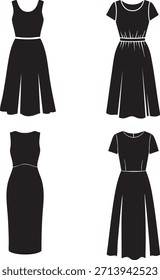 Cuatro vestidos negros con diferentes estilos y cortes mostrados desde atrás y adelante