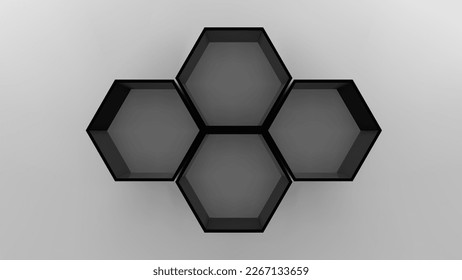 Four black empty hexagon shelves on white wall 3D mockup. Shop, gallery plastic or wooden showcase to present product. Blank retail storage space. Interior design furniture. Living room bookshelf