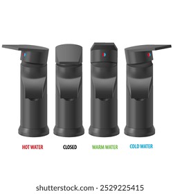 Four black faucets in a row. Each faucet has a rectangular handle with colored indicators: hot water, closed, warm water, cold water.