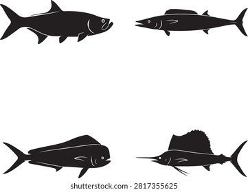 Four black fish silhouettes isolated on a white background, featuring various predatory ocean species for marine life and fishing themes
