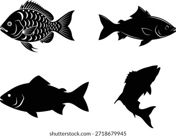 Four black fish silhouettes on a white background