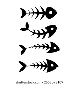 Four black fish skeletons are displayed vertically against a white background, each with a distinct tail shape.