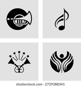 Four black flat design icons representing a vinyl record musical note volume control with stars and theater masks isolated 