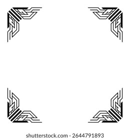 Four black geometric corner designs on a white background form a frame The style is sharp angular and intricate
