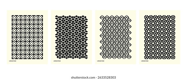Four black geometric vector pattern designs on a light cream background. The four patterns are arranged horizontally and each is contained within a vertical rectangular frame.