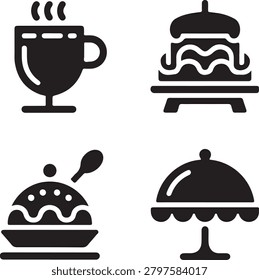 Four black glyph featuring a coffee cup, a layered cake, a dessert bowl, and a cake stand food des