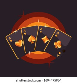 Four black and gold playing card aces on gold background. Poker flat illustration