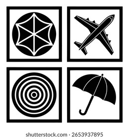 Four black graphic symbols are displayed within square frames on a white background. The symbols include an airplane, an umbrella, a geometric radial pattern, and concentric circles.