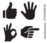 Four black hand signs on white background, including thumbs up, open hand, ok sign, and pointing finger