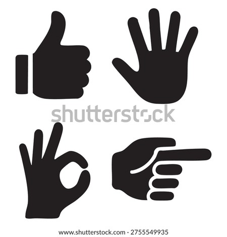 Four black hand signs on white background, including thumbs up, open hand, ok sign, and pointing finger