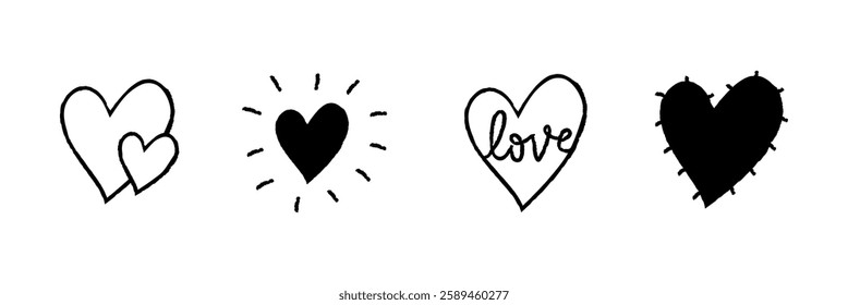 Four black heart icons: two overlapping hearts, a radiant heart, a heart with 'love' text, and a spiky  Simple black designs in a row. Cute hand drawn love doodle, element set. Vectors.