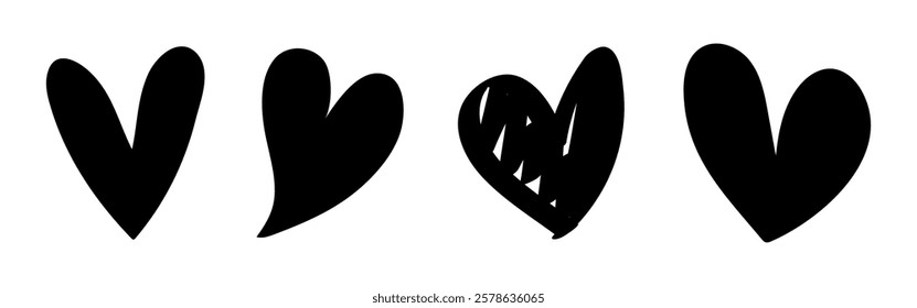 Four black heart shapes in a row. Simple heart designs, black hearts, heart silhouettes. Minimalist heart art, perfect for romantic themes. Valentine's element vector set.