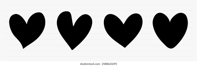 Four black heart shapes in a row. Heart design, black heart, pattern. Simple black heart silhouette, motif. Black shapes. Valentine's element vector set.